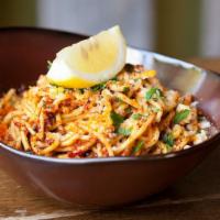Spicy Spaghetti · Fresh egg spaghetti, chili flakes, garlic, extra virgin olive oil and Grana Padano. Vegetari...