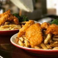 Fish & Chips · beer-battered arctic cod, fries, malt vinegar tartar, spinach slaw