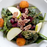 Spinach & Beets · candied pecans, fresh apple, goat cheese fritters, roasted beets, frisee, balsamic vinaigrette