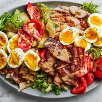 Chicken Cobb Salad · tomato, avocado, bacon, asparagus, green onion,
hard-boiled egg, bleu cheese, ranch dressing...