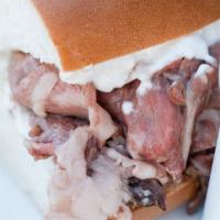 Prime Dip Sandwich · Shaved Prime Rib, Served Medium-Rare*, Horseradish, Baguette, Au Jus.
 These items are serve...
