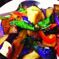 Basil Eggplant · Eggplant, bell peppers, onions, carrots, garlic, chilies and basil leaves.