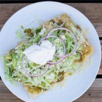 Enchiladas Verdes · Choice of steak, chicken tinga, or cheese, topped with a spicy green tomatillo salsa verde, ...