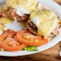 Salmon Benedict · Honey smoked salmon placed on top of cream cheese and a toasted English muffin, poached eggs...