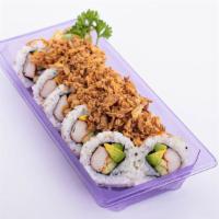 California Crunch Roll (10 Pcs) · Avocado, Cucumber, Imitation crab stick and fried onion as topping with spicy mayo and sushi...