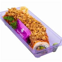 New York Crunch Roll (10 Pcs) · Avocado, cucumber, imitation crab salad, extra crab meat, and fried onion topping with spicy...