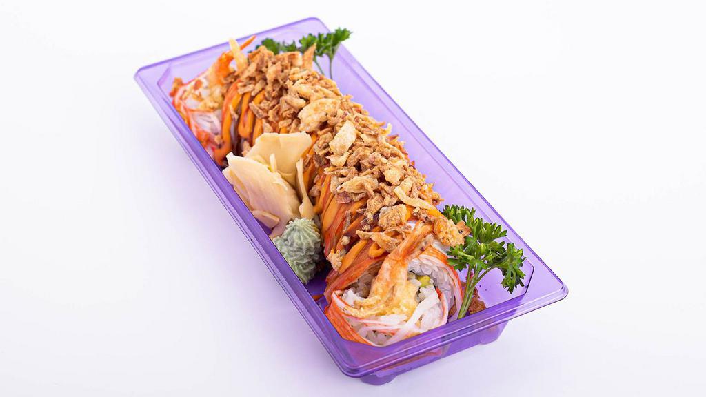 Shaggy Dog Crunch Roll (10 Pcs) · Tempura Shrimp, imitation crab salad, avocado, imitation crab stick and fried onion as topping with spicy mayo and sushi sauce