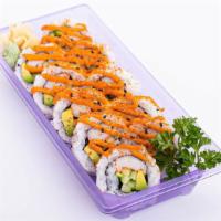 Spicy California Roll (10 Pcs) · Avocado, Cucumber, and imitation crab stick with spicy mayo and chili powder on top