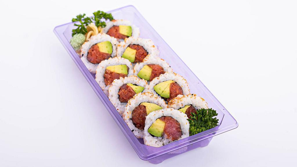 Spicy Tuna Roll (10 Pcs) · Raw minced Tuna mixed with spicy sauce and Avocado