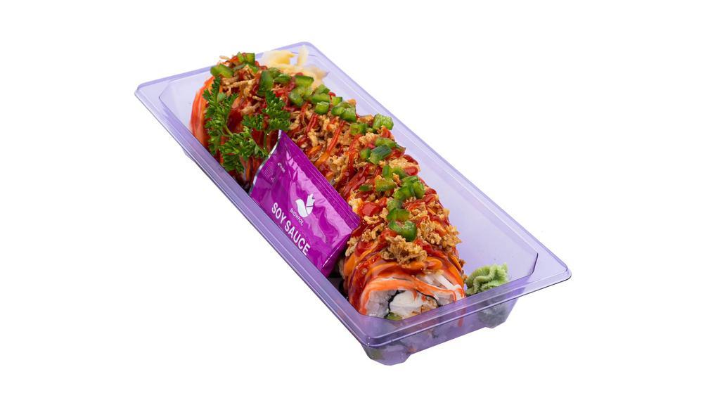 Spicy Crunch Roll (10 Pcs) · Avocado, cream cheese, imitation crab salad, jalapeno, and fried onion topping with spicy mayo, sushi sauce, and sriracha sauce.
