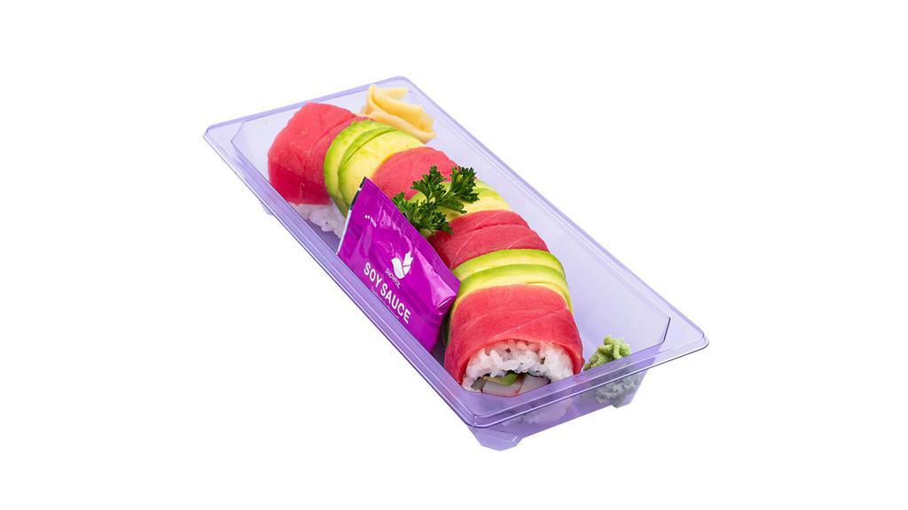 Dragon Roll (10 Pcs) · Cucumber, avocado, imitation crab stick topped with sliced avocado and salmon or tuna