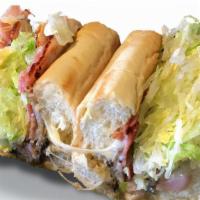 Sacks Gothic Sandwich-Hot · Turkey breast, ham, sauteed, mushrooms, Swiss cheese, shredded lettuce, and mayonnaise, on a...