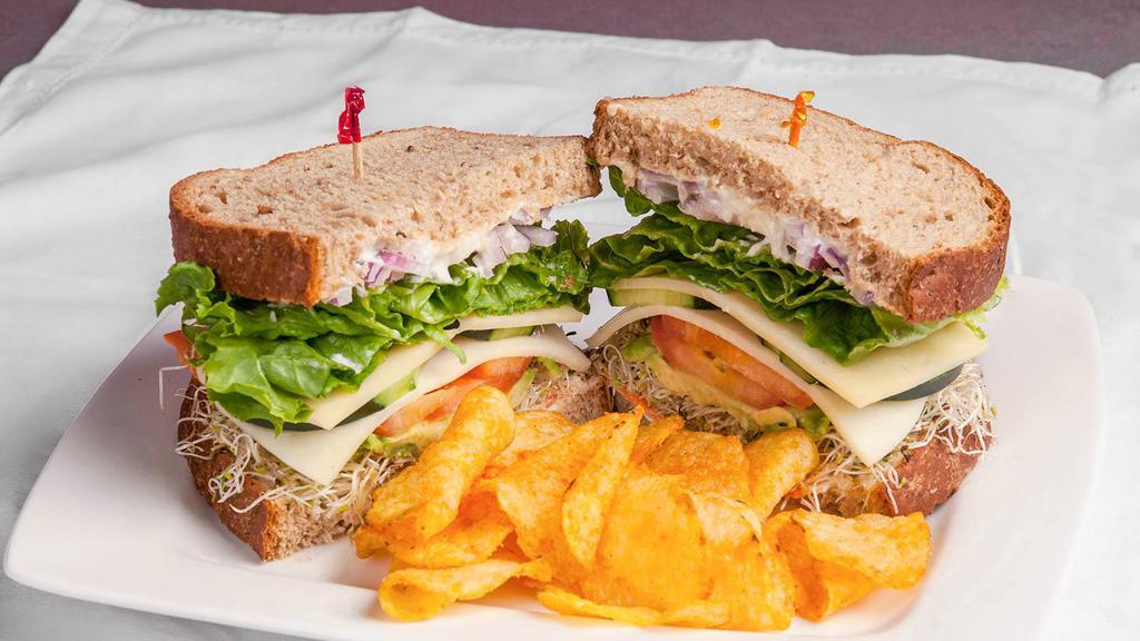 Sacks Impressionist Sandwich-Veggie · Choice of two cheeses, lettuce, tomato, cucumber, carrots, avocado, onions, sprouts, cream cheese, and mayonnaise on 12-grain bread.