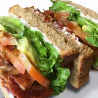 Sacks Jazz Sandwich · Country bacon, leaf lettuce, tomato, mayonnaise, avocado, and cream cheese, on 12-grain bread.