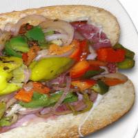 Sacks Art Deco Sandwich · Salami, ham, provolone cheese, marinated bell peppers, tomato, onions, pepperoncini, lettuce...
