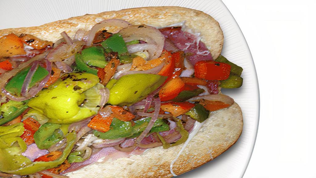Sacks Art Deco Sandwich · Salami, ham, provolone cheese, marinated bell peppers, tomato, onions, pepperoncini, lettuce, and Italian dressing, on an 8-inch baguette.