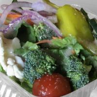 Garden Side Salad · Cucumber, broccoli, cauliflower, tomato, red onion, served on bed of lettuce with choice of ...