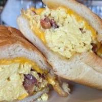 Breakfast Baguette · Scrambled Eggs, Bacon, American Cheese on a toasted Baguette