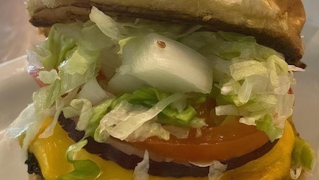 Cheese Burger · Half pound burger, American cheese, lettuce, Tomato, onion on a toasted Brioche Bun