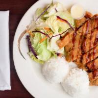 Chicken Katsu · Served with rice, salad and sauce. Breaded, battered and deep-fried chicken cutler.