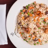 Fried Rice · Served with steamed rice. Peas, carrot, mushroom, green onion and egg.