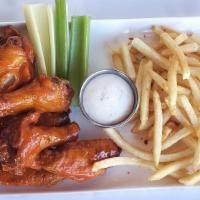 Indulge Wings & Fries · Eight chicken wings with your choice of BBQ or buffalo sauce, served with regular fries.