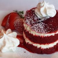 Red Velvet Cake Slice · Layered with cream cheese frosting topped with fresh whipping cream