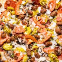 Little Italy · Enjoy pepperoni, sausage, mushrooms, tomatoes, green onions, pepperoncinis on ranch sauce.