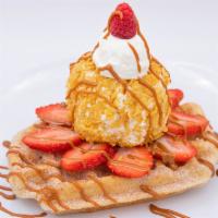 The Dulce · Waffle dusted in cinnamon & sugar, topped with fried ice cream & dulce de leche caramel.