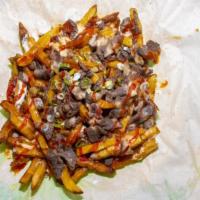 K-Pop Fries · Topped with either bul-gogi beef, spicy pork or spicy chicken, shredded cheese, green onion,...