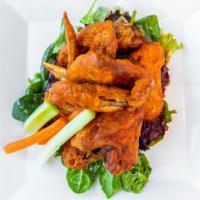 Honey - Buffalo Chicken Wings · Gluten-free. Whole chicken wings served with baby carrots and celery.