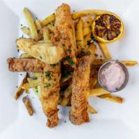 Pacific Cod Fish And Chips · Honey-lime coleslaw and spicy tartar sauce.