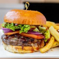 * Bbq Bacon & Jack Burger · Jack cheese, hickory - smoked bacon, stout - braised onion, bbq sauce, green leaf, tomato, r...