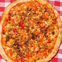 Sausage & Bacon Pizza · Tomato sauce, roasted red peppers, four cheese blend, applewood bacon and Italian sausage.