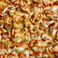 Frank'S Buffalo Pizza · Garlic olive oil, shredded mozzarella, garlic chicken, frank's buffalo sauce, topped with ce...