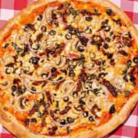 Tuscan Veggie Pizza · Red sauce, four cheese blend, fresh basil, red onion, mushrooms, olives, goat cheese, and su...