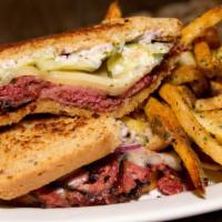 Hot Pastrami · house-smoked sliced pastrami, Swiss Cheese, red onion, sliced pickle, Dijonnaise, served on ...