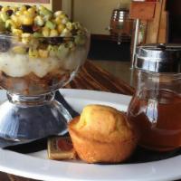 Bbq Sundae & Corn Bread · choice of pork, pastrami, brisket, chicken OR Portobello with your choice of two sides, laye...
