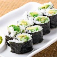 Avocado Roll · Crab, avocado, cucumber inside and avocado on top with eel sauce