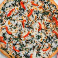 Green Alfredo Pizza · Creamy alfredo sauce, cheese, and spinach  baked on a hand-tossed dough