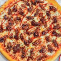 Bbq Butcher Pizza  · Cheddar, premium chicken, and sliced red onion drizzled with our honey BBQ sauce baked on a ...
