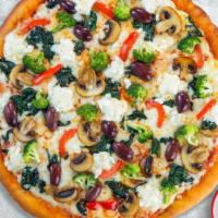 Classic Veggie Pizza · Tomato sauce, cheese, red onions, green peppers, mushrooms, and black olives baked on a hand...
