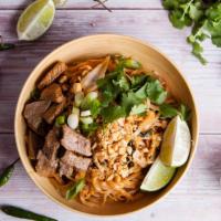 Beef Pad Thai · Warm rice noodles in our special Pad Thai Sauce with fresh beef, bean sprouts, fish sauce an...