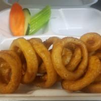 Onion Rings · Beer battered and golden brown. Served with ranch or bleu cheese