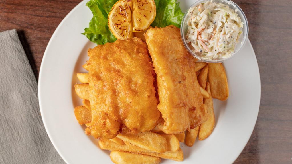 George & Dragon'S Famous Fish & Chips · Two pieces of our beer battered cod, cooked to perfection and placed atop a pile of our hot, golden brown chips. Served with either peas, slaw, corn or green beans.