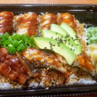 Eel Bowl · Fillets of grilled eel over sushi rice.