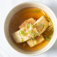 Agedashi Tofu · Deep fried tofu, green onion, bonito flakes in dashi soup