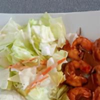 Prawn Kabob · Two pieces. Served with rice and salad.