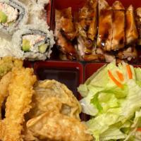 Chicken Bento Box · Chicken served with rice, 3 California roll, 5 tempura, salad and miso soup.