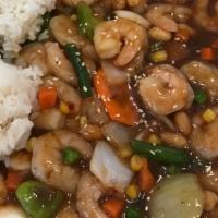 Mongolian Shrimp · Mongolian shrimp served with steamed vegetables and jasmine rice.